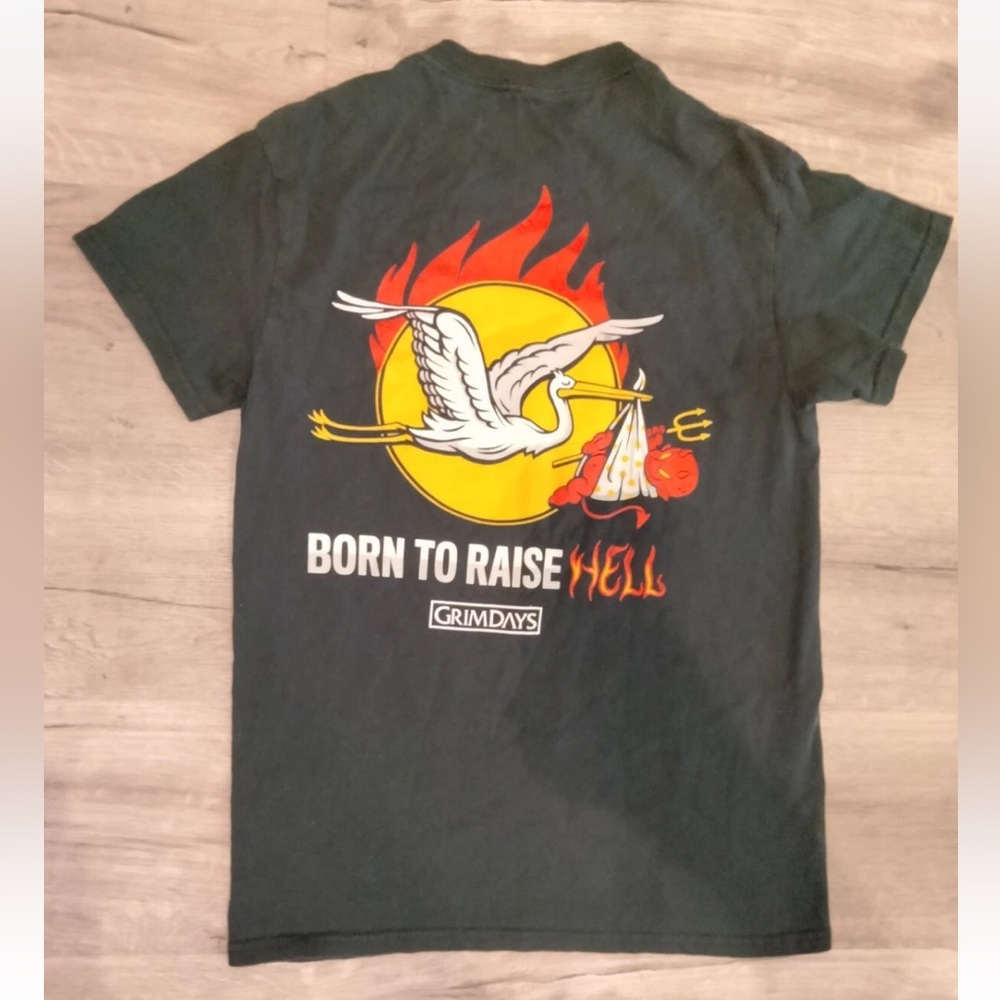 Grim Days T Shirt Black Born To Raise Hell Stork Baby Devil Size Small Unisex